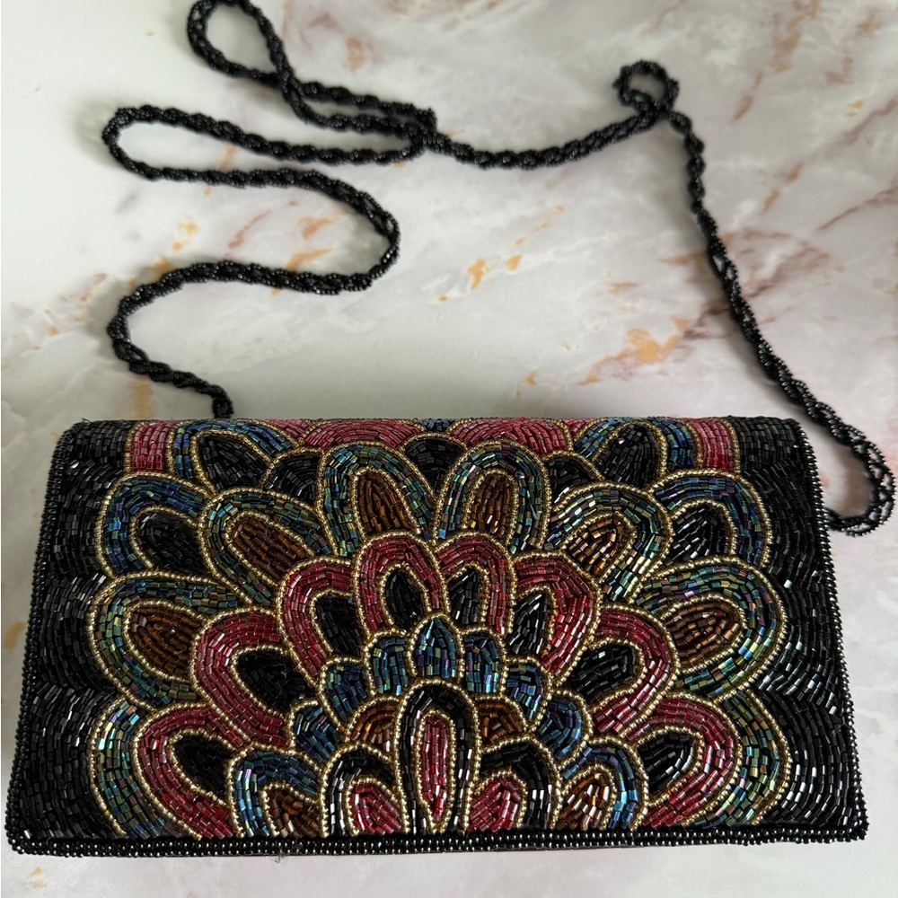 Colorful Beaded Clutch with Beaded Black Strap